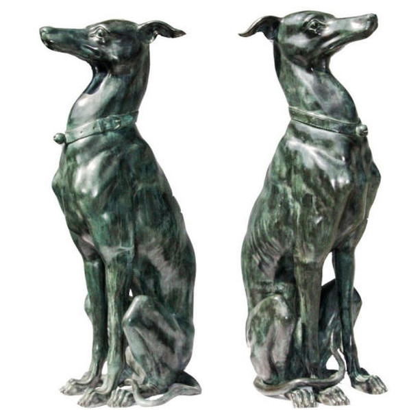 Whippet Dogs Bronze Statues Pair Art Deco Sculptures Greyhounds